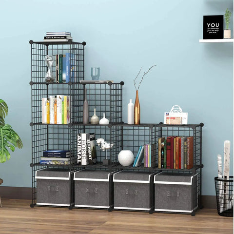 Freely Configurable Nine Cube Wire Storage Organizer for Books, Toys, Plants, Metal Grid Shelving System in Black Iron
