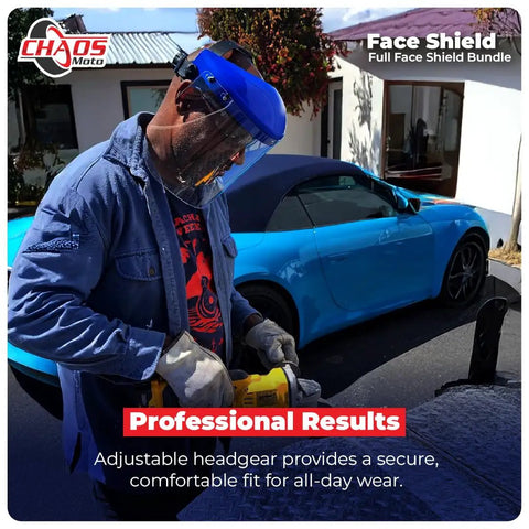Built Tough Ansi Z87.1 Face Shield Kit Featuring Adjustable Headgear Plus Ten Clear Polycarbonate Shields For Dependable Scratch Free Coverage On The Job Site, worn by worker using power tool.