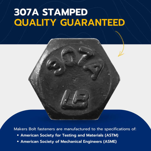 5/16 X 1-1/2 Inch Lag Screw Kit With 50 Heavy Hitter Hex Bolts And Flat Washers with 307A stamp for quality assurance.