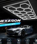 Hexagon Garage Light With Rectangle Frame, Pro Grade Brightness 672W 86400 Lumens 6500K illuminates luxury car in garage