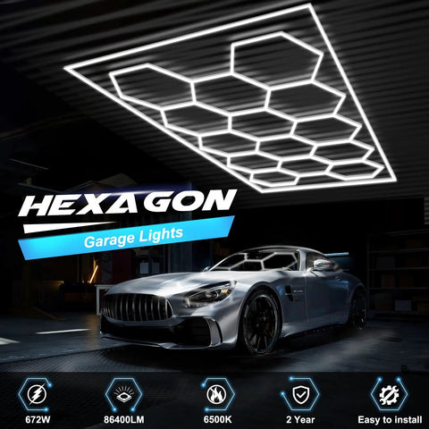 Hexagon Garage Light With Rectangle Frame, Pro Grade Brightness 672W 86400 Lumens 6500K illuminates luxury car in garage