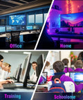 Collage of different workspace environments: office with multiple screens, home gaming setup, computer training, school classroom.