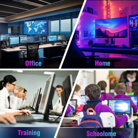 Collage of different workspace environments: office with multiple screens, home gaming setup, computer training, school classroom.