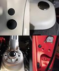 Installed 50 Pack Plastic Hole Plugs For Auto Body And Sheet Metal in various car parts, showing flush mount and button cap plugs.