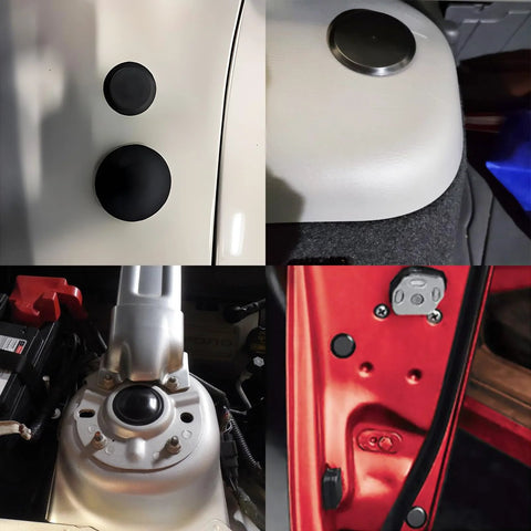 Installed 50 Pack Plastic Hole Plugs For Auto Body And Sheet Metal in various car parts, showing flush mount and button cap plugs.