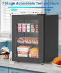 2.3 Cu Ft Upright Mini Freezer With Tempered Glass Door And Flexible Temp Control keeps items cold, showcasing shelves with ice cream and meals.