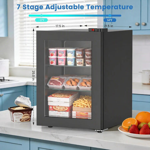 2.3 Cu Ft Upright Mini Freezer With Tempered Glass Door And Flexible Temp Control keeps items cold, showcasing shelves with ice cream and meals.
