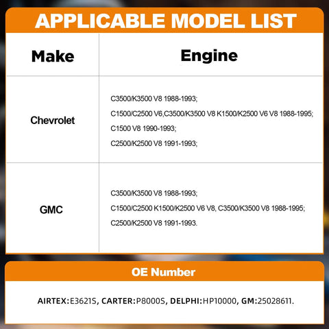 Applicable model and OE numbers for Chevrolet And GMC Electric Fuel Pump Assembly For C1500 C2500 C3500 K1500 K2500 K3500 1988 To 1995