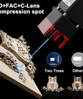 Twotrees TTS-10 Pro laser engraver front view with blue beam engraving a wooden ornamental panel.