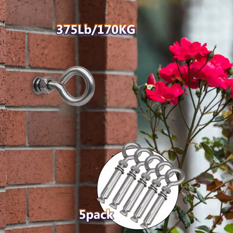 Beefy Heavy Duty 304 Stainless Steel Expansion Eyebolt Set For Concrete Walls Five Sixteenths By Four And Three Sixteenths Inch Shoulder Lag Eyebolts 5 Pack Rust Resistant Mounting Hardware installed in brick wall