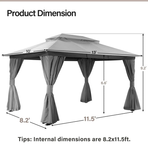 10x13 Outdoor Gazebo With Double Roofs Mosquito Netting And Privacy Screens Heavy Duty Metal Frame Wind Resistant Up To Level 6 Easy Set Up Patio Canopy Shelter For Backyard Garden Or Lawn Gray