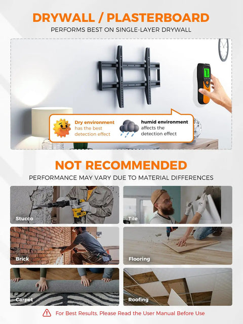 Five In One Stud Finder Wall Scanner in use on drywall, showcasing performance and recommended surfaces, like plasterboard.