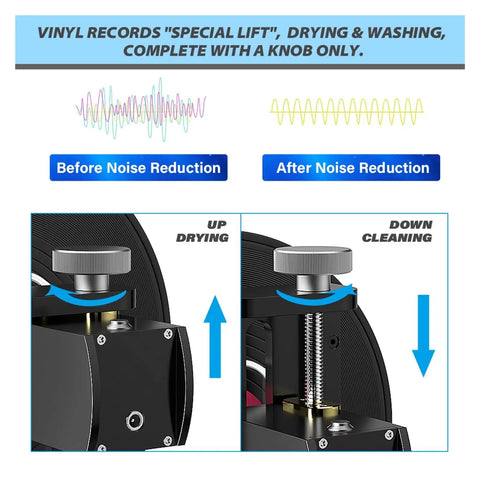 Vinyl record cleaner showing drying and cleaning function with knob, part of Fully Automatic 6L Ultrasonic Vinyl Record Cleaner.
