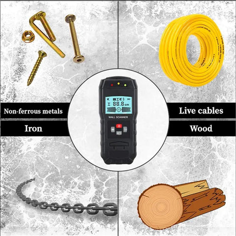 4 In 1 Electronic Stud Finder Wall Scanner To Nail Center Detection And Sound Alerts For Scouting Wooden Studs Copper Pipe Metal Clips Plus Live Ac Cables Making Home Repair A Breeze For Any Garage Tinkerer with tools and cable.