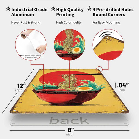Funny Vintage Metal Sign Ramen Bowl With Waves And Sun 8x12 Inch Tin Wall Sign Poster showing aluminum details and pre-drilled holes.