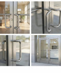 Premium Aluminum Push Bar With 10 Inch Center To Center Pull Handle Set In Satin Brush Finish For Glass And Metal Storefront Doors, Heavy Duty Commercial Door Hardware For High Traffic Areas on glass storefront doors