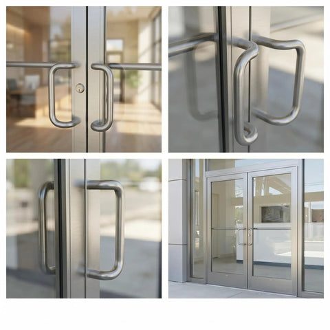 Premium Aluminum Push Bar With 10 Inch Center To Center Pull Handle Set In Satin Brush Finish For Glass And Metal Storefront Doors, Heavy Duty Commercial Door Hardware For High Traffic Areas on glass storefront doors