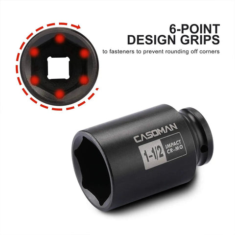Beefy 1/2 Inch Drive Deep Impact Socket 6 Point Axle Nut Socket 1-1/2 Inch SAE CR-MO Steel With Black Phosphate Finish Heavy Duty Impact Tool For Easy Removal Of Axle Shaft Nuts
