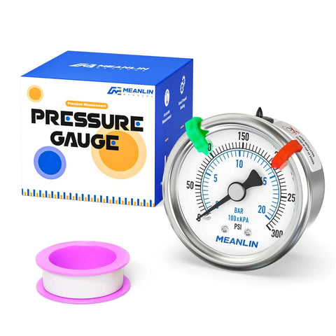 Stainless Steel Dry Pressure Gauge 0-300 Psi With 2 Inch Dial Quarter Inch NPT Center Back Mount Built Tough Waterproof product box.