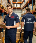 Custom Printed Multi Pocket Short Sleeve Industrial Work Shirt Personalized Warehouse Workwear Uniform Built Different For Logistics Crews Crushing The Grind in a warehouse setting.