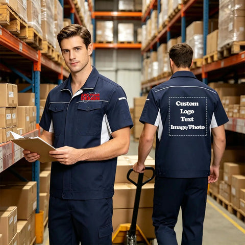 Custom Printed Multi Pocket Short Sleeve Industrial Work Shirt Personalized Warehouse Workwear Uniform Built Different For Logistics Crews Crushing The Grind in a warehouse setting.