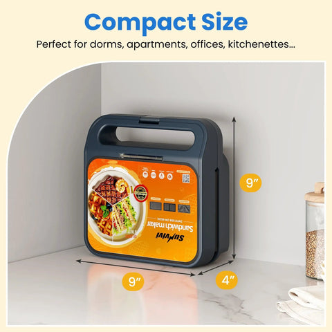 Royalcraft 3-In-1 Electric Sandwich Maker Waffle Grill And Panini Press With Non-Stick Removable Plates 1000W Power blue compact size displayed against a wall.