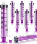 8 Piece 60ML External Spiral Syringe Set With Purple Plunger And Sealing Screw Cap For Pet Feeding Lab Use And Liquid Dispensing displayed.