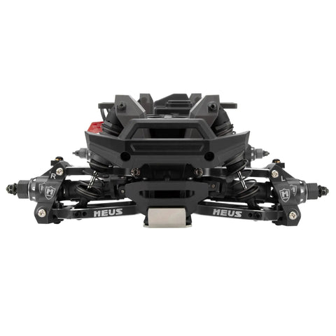 Aluminum Steering Bellcrank Assembly And Drag Link Set For Traxxas 1/16 Mini Maxx RC Car Upgrade Black CNC Machined Aluminum Alloy To Beef Up Steering Precision, Durability, And Smooth Handling. Front view of black CNC aluminum steering bellcrank and drag link set for 1/16 Mini Maxx RC car