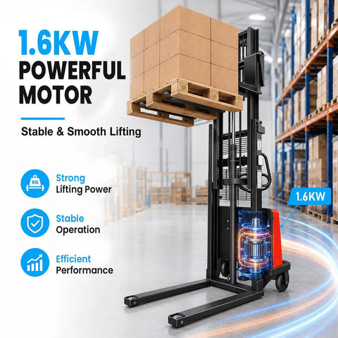 Badass Heavy Duty Semi Electric Pallet Stacker With 3300 Lbs Capacity And 94.8 Inch Max Lift Height built tough, showing 1.6KW motor and stacked pallets.