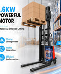 Heavy Duty Electric Pallet Stacker With Tough As Nails Carbon Steel Frame And 3300 Lb Capacity Powered By A Legit 48V 1.6KW Motor lifting stacked boxes in warehouse.