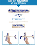 Balsa Wood Airplane Kit 4 Pack With Rubber Band Powered Gliders For Kids, Easy Slot Tab Assembly No Glue, parts and assembly steps shown.