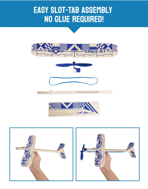 Balsa Wood Airplane Kit 4 Pack With Rubber Band Powered Gliders For Kids, Easy Slot Tab Assembly No Glue, parts and assembly steps shown.