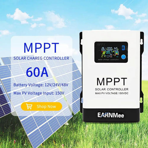 60A MPPT Solar Charge Controller With 18-150VDC Input displayed beside solar panels