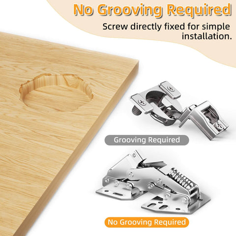 Heavy Duty 2 Pack 90 Degree RV Cabinet Hinges With Soft Close Surface Mount For Face Frame And Frameless Cabinets No Pre Drilled Cup Holes Self Closing Ideal For Camper Vans Trailers And Vehicle Mounted Conversions, showing hinge comparison with no cup holes required