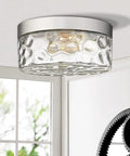 Industrial Satin Nickel Flush Mount Ceiling Light With Bubble Glass Semi Flush Fixture close to ceiling view in a room.