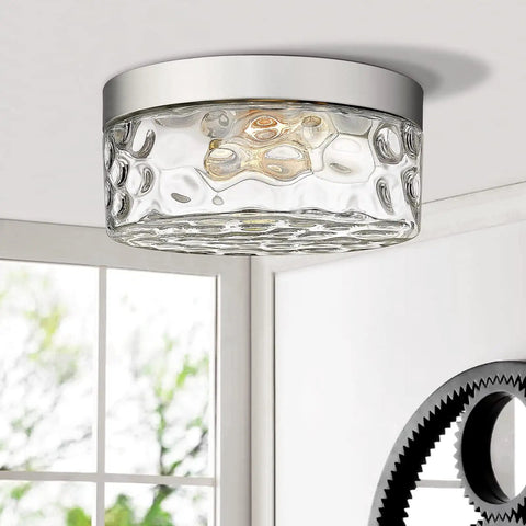 Industrial Satin Nickel Flush Mount Ceiling Light With Bubble Glass Semi Flush Fixture close to ceiling view in a room.