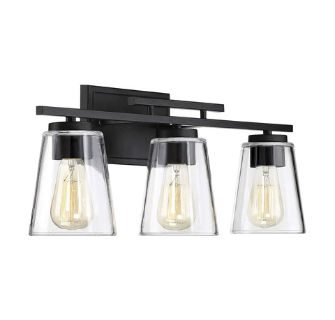 Calhoun Modern Bohemian Clear Glass Vanity Wall Light Three Light Fixture with Dimmable E26 Bulbs, Black Backplate, 24 Inch