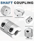 Beefed Up 2 Pack Flexible Shaft Couplings for 5 to 6mm shafts, 20mm length, 15mm diameter, shown in aluminum alloy material and clamping design.
