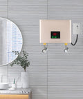 3000W Electric Tankless Water Heater With LED Display And Instant Hot Flow, wall-mounted design in a modern bathroom.