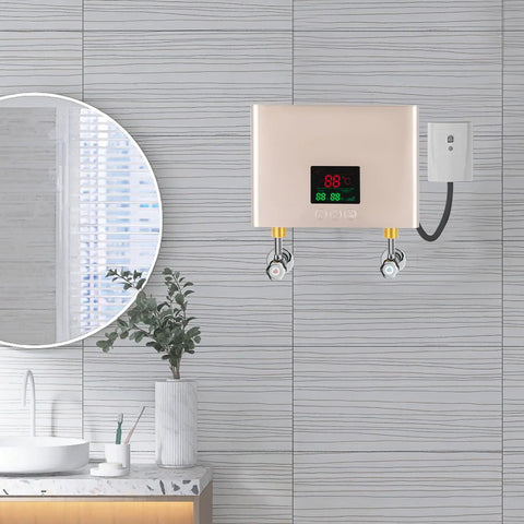 3000W Electric Tankless Water Heater With LED Display And Instant Hot Flow, wall-mounted design in a modern bathroom.