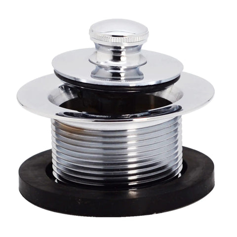 Heavy Duty Polished Chrome Tub Drain Plug Pull Style Bathtub Stopper showing polished chrome finish and smooth coarse threading.