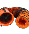 Built Different 12 Inch Industrial Blower Fan Featuring 3300 Rpm AC Motor With 520 Watt Power For Serious Workshop Ventilation And Rapid Commercial Air Extraction with orange duct.