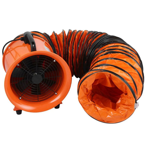 Built Different 12 Inch Industrial Blower Fan Featuring 3300 Rpm AC Motor With 520 Watt Power For Serious Workshop Ventilation And Rapid Commercial Air Extraction with orange duct.