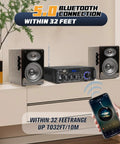 Powerful 300W Stereo Amplifier System With Bluetooth 5.0 Wireless displayed with speakers and smartphone connection