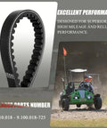 725 Go Kart Belt for 30 Series Torque Converter Replacement, black V belt with go-kart in background.