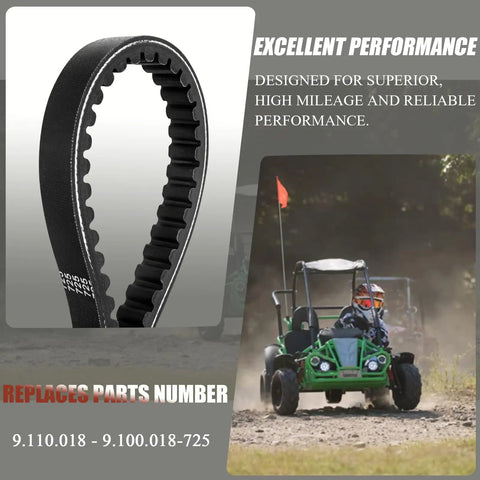 725 Go Kart Belt for 30 Series Torque Converter Replacement, black V belt with go-kart in background.