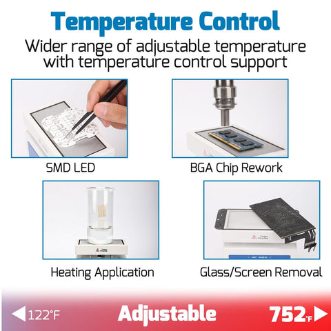 Pro Grade Compact LED Soldering Hot Plate For SMD Rework And BGA Chips 100x50mm 210W showing temperature control applications