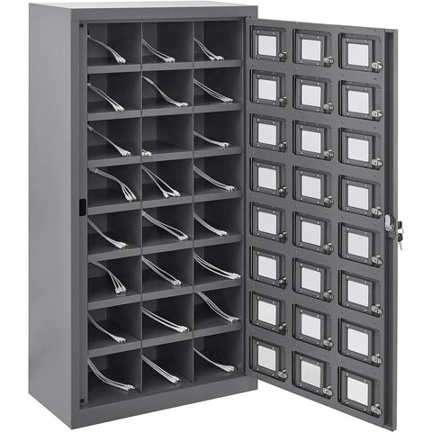 Secure 24 Door Clear View Cell Phone Charging Locker With Usb C Micro Lightning Ports For Offices Classrooms showing opened locker.