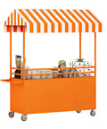 Dead On Mobile Food Cart With Retro Striped Awning And Slick Rolling Wheels For Street Vendors Portable Snack Stand With Lockable Storage Ready For Sick Outdoor Catering Runs, orange steel with striped canopy.