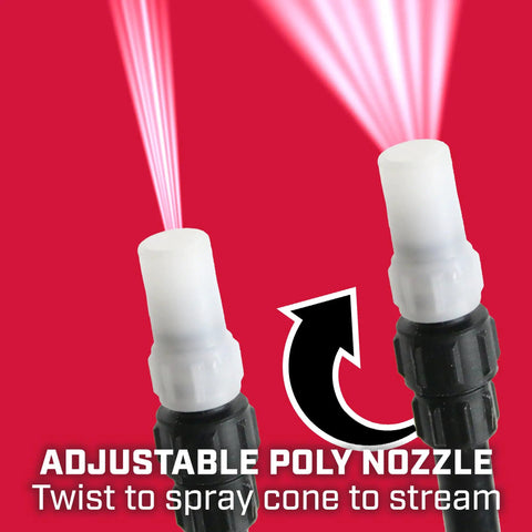 Adjustable poly nozzle of 8 Gallon Chemical Resistant Tank Sprayer For ATV And UTV With 12V Diaphragm Pump 1 GPM shown spraying
